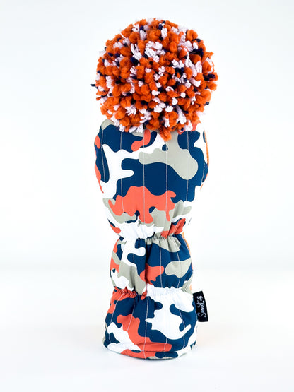 Back view of Canyon Rally driver headcover with ripstop nylon orange, navy and cream camouflage print
