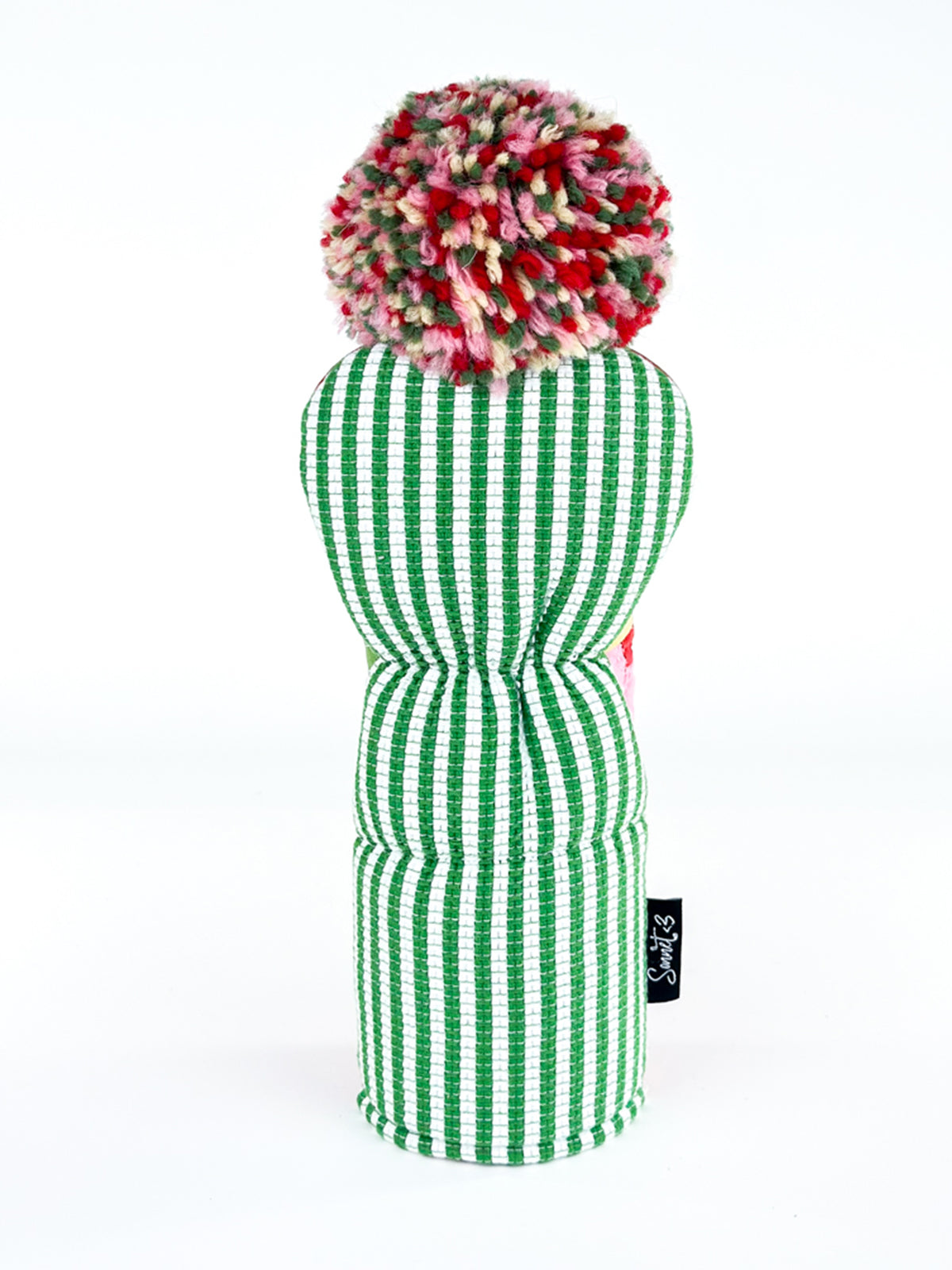 Back view of Cherry Picnic fairway headcover with green and white striped fabric and wool pom pom