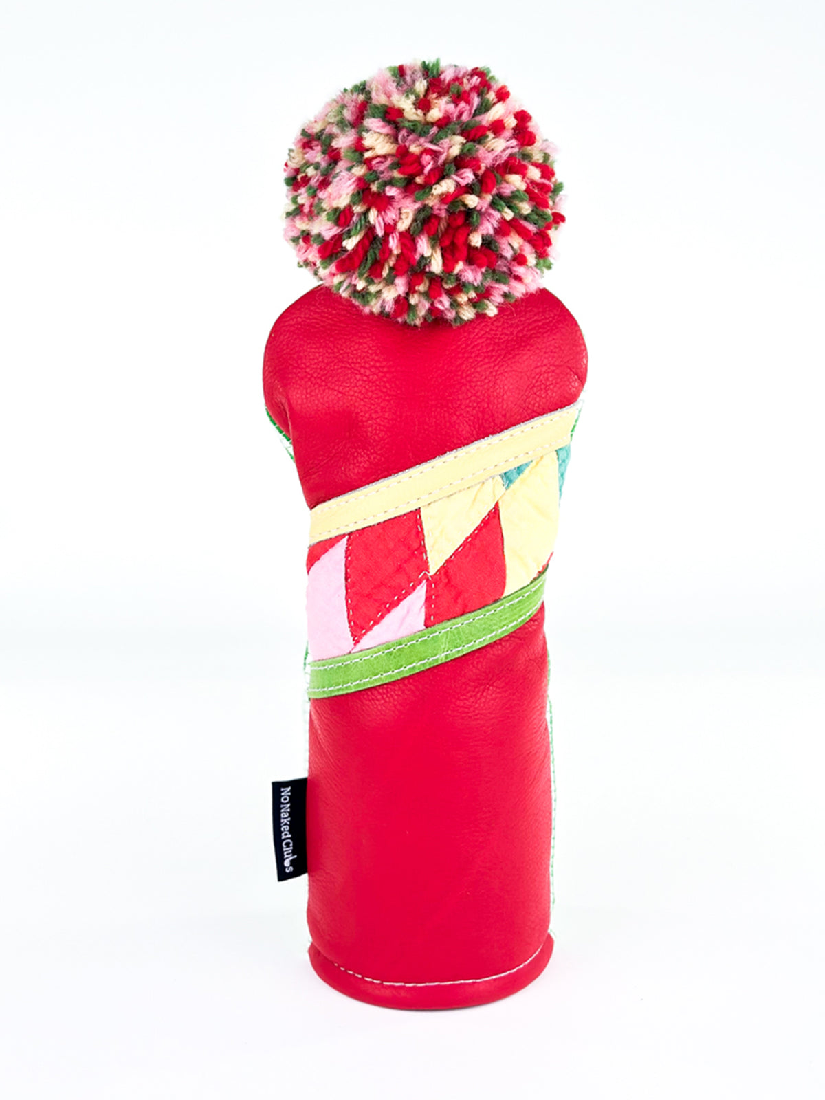 Cherry Picnic red leather fairway golf headcover with vintage quilt detail and wool pom pom