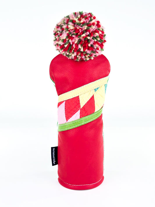 Cherry Picnic red leather fairway golf headcover with vintage quilt detail and wool pom pom