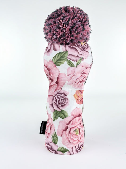 Rose & Plaid driver headcover with vintage pink rose floral fabric and wool pom pom