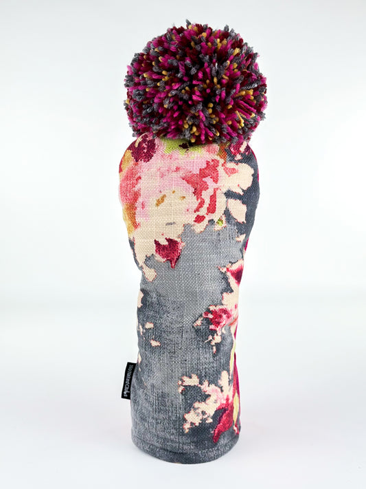 Velvet Peony driver headcover with vintage floral barkcloth fabric and raspberry, charcoal and cream wool pom pom